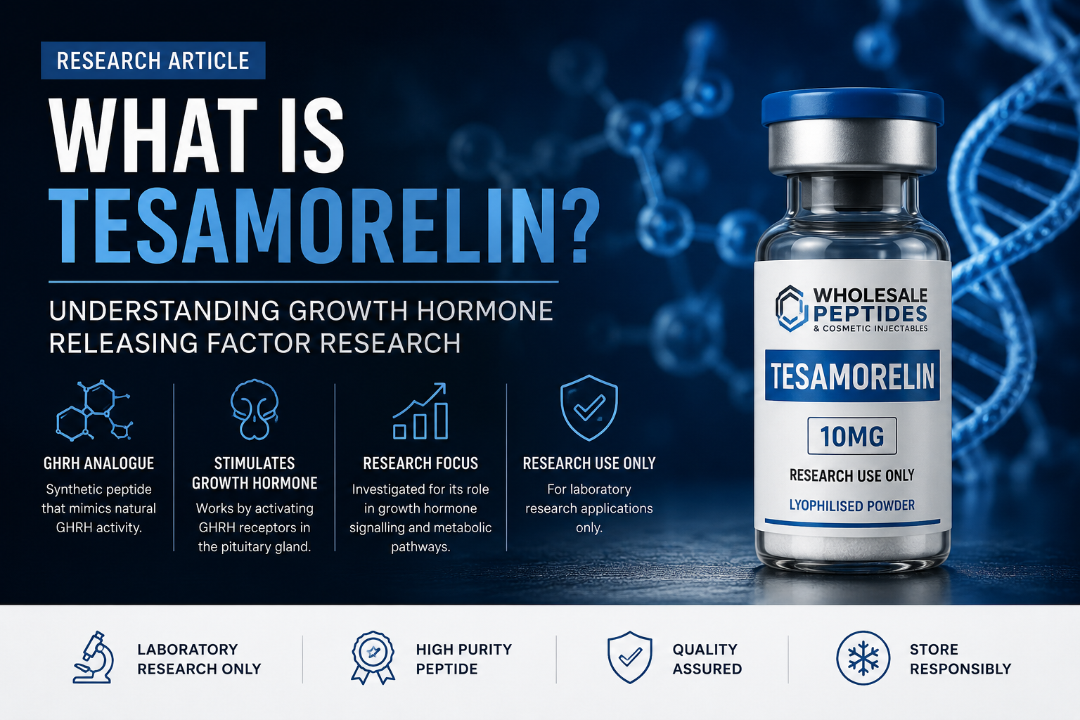 What Is Tesamorelin infographic showing growth hormone releasing hormone research and Tesamorelin peptide information.