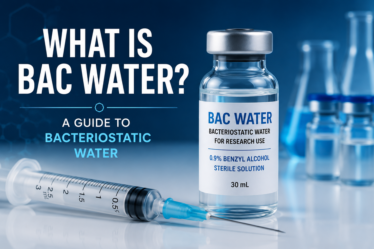 BAC Water bacteriostatic water vial and syringe used for reconstituting lyophilised research compounds